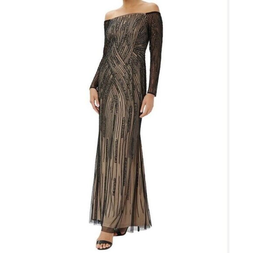 Adrianna Papell Beaded Off The Shoulder‎ Gown Black Nude 6 WT dress embellished